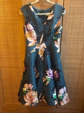 Anthropologie Teal Floral V-Neck Fit-and-Flare Midi Dress